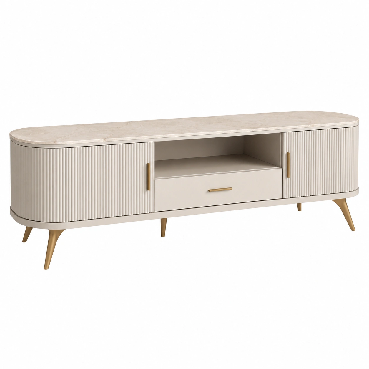 Mueble TV Moderno Curvo Minimalista Beige Claro con Puertas Ranuradas y Cajon Central-SelviaRoom