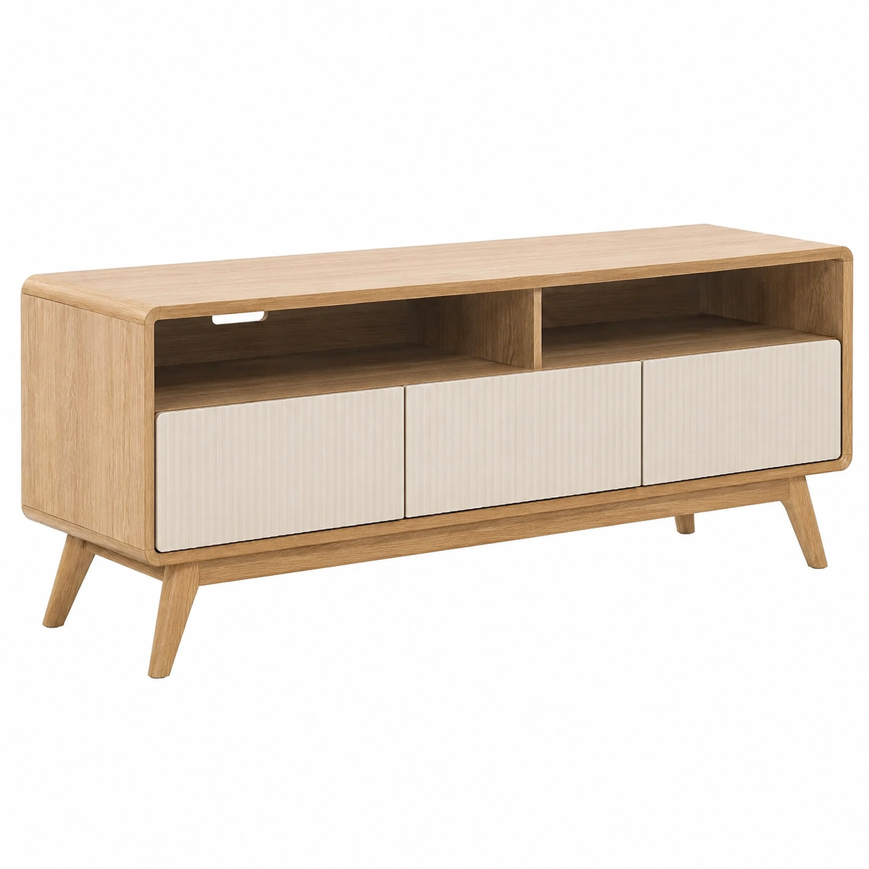 Mueble TV Nordico Moderno con Puertas Ranuradas y Estantes Abiertos Roble Natural/Blanco-SelviaRoom