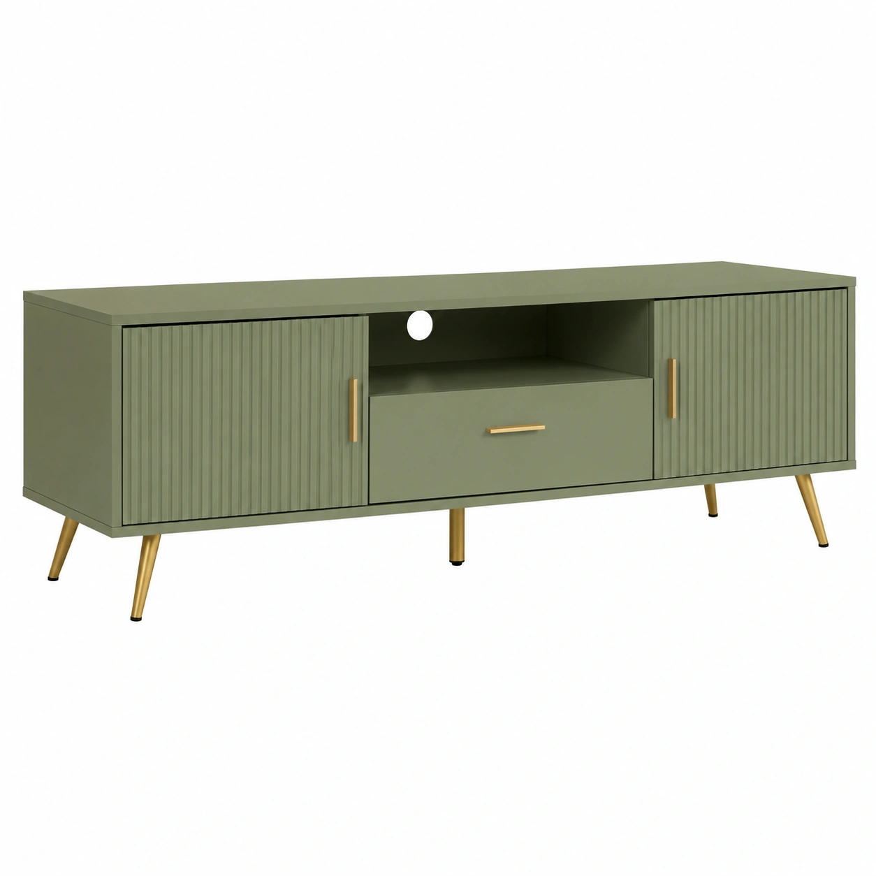 Mueble TV Moderno Verde Oliva con Puertas Ranuradas y Patas de Madera-SelviaRoom