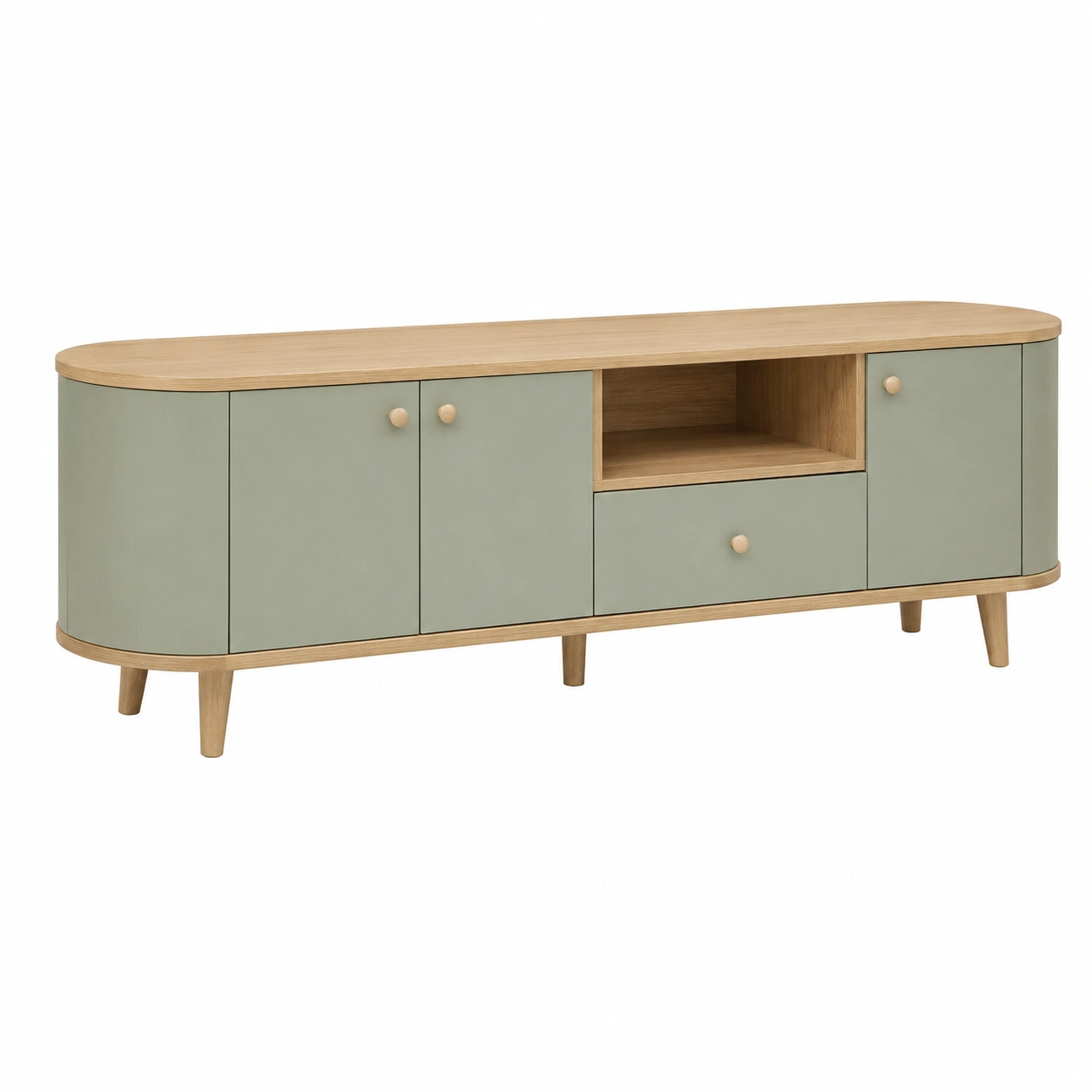 Mueble TV Nordico Ovalado Verde Salvia y Roble-SelviaRoom