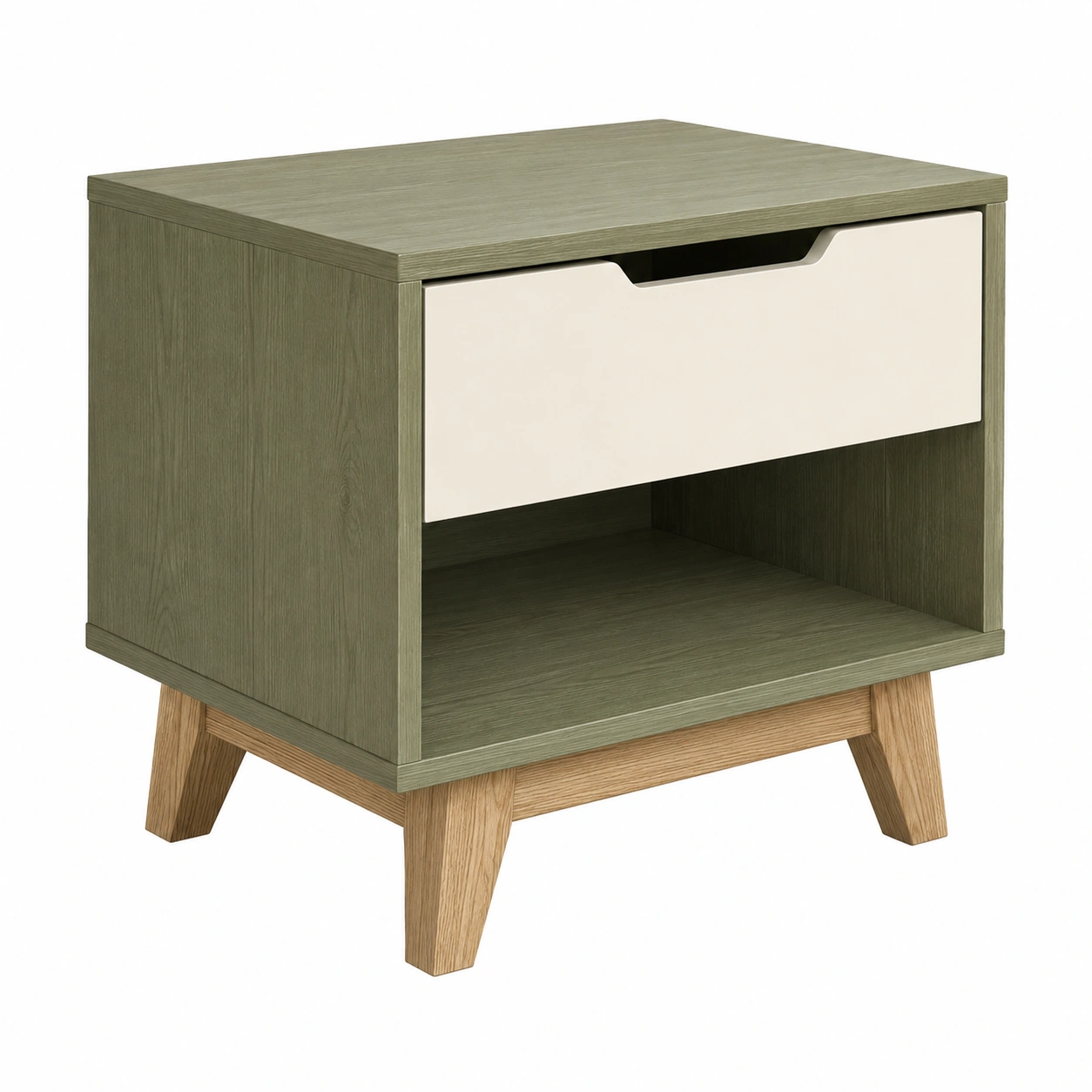 Mesita de Noche Moderna Nordica con Cajon y Estante Abierto Verde Oliva-SelviaRoom