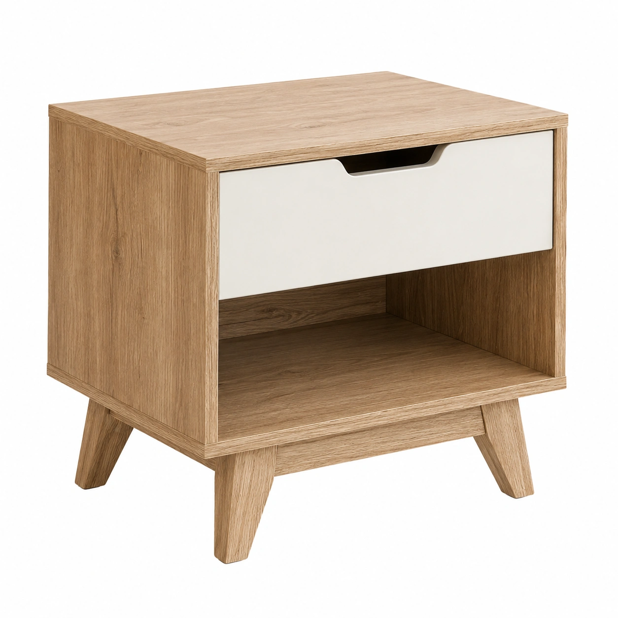 Mesita de noche nordica con cajon y estante abierto acabado roble moderno-SelviaRoom