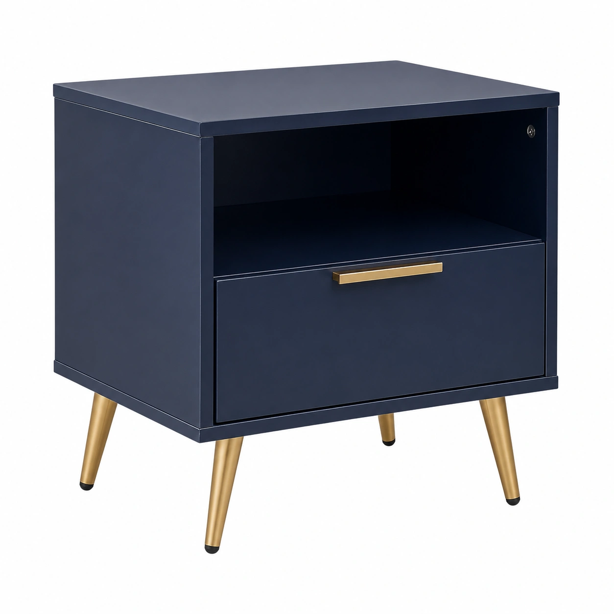 Mesita de noche moderna con estante abierto y cajon azul oscuro-SelviaRoom