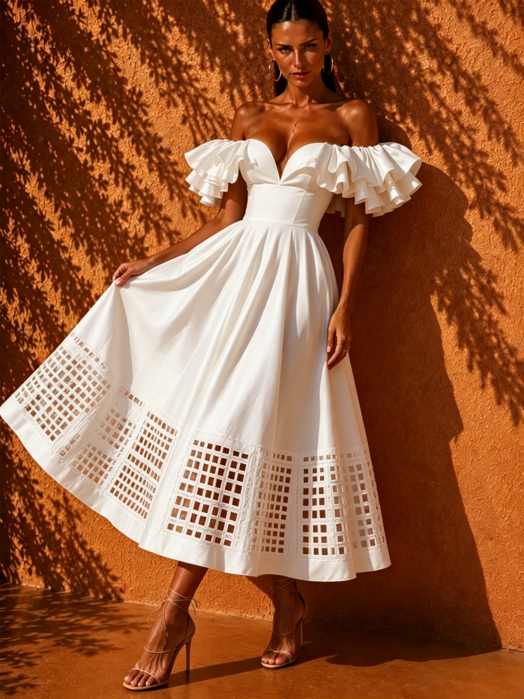 Zariah White Checkered Hollow-Out Dress
