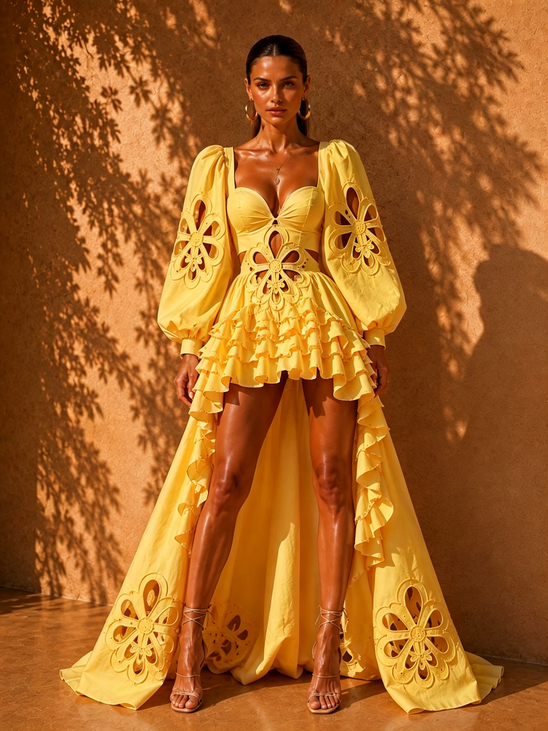 Magdalena Sweetheart Puff Sleeve Cutwork Gown