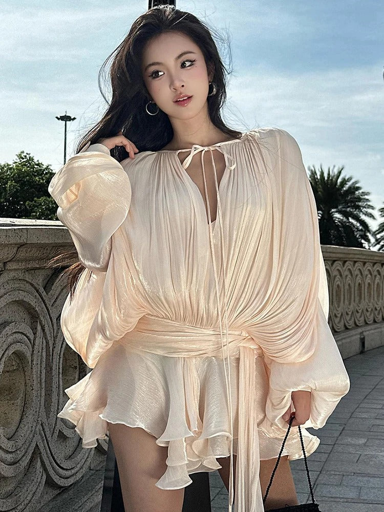 Beige - Sally Lace Up Lantern Sleeves Chiffon Dress