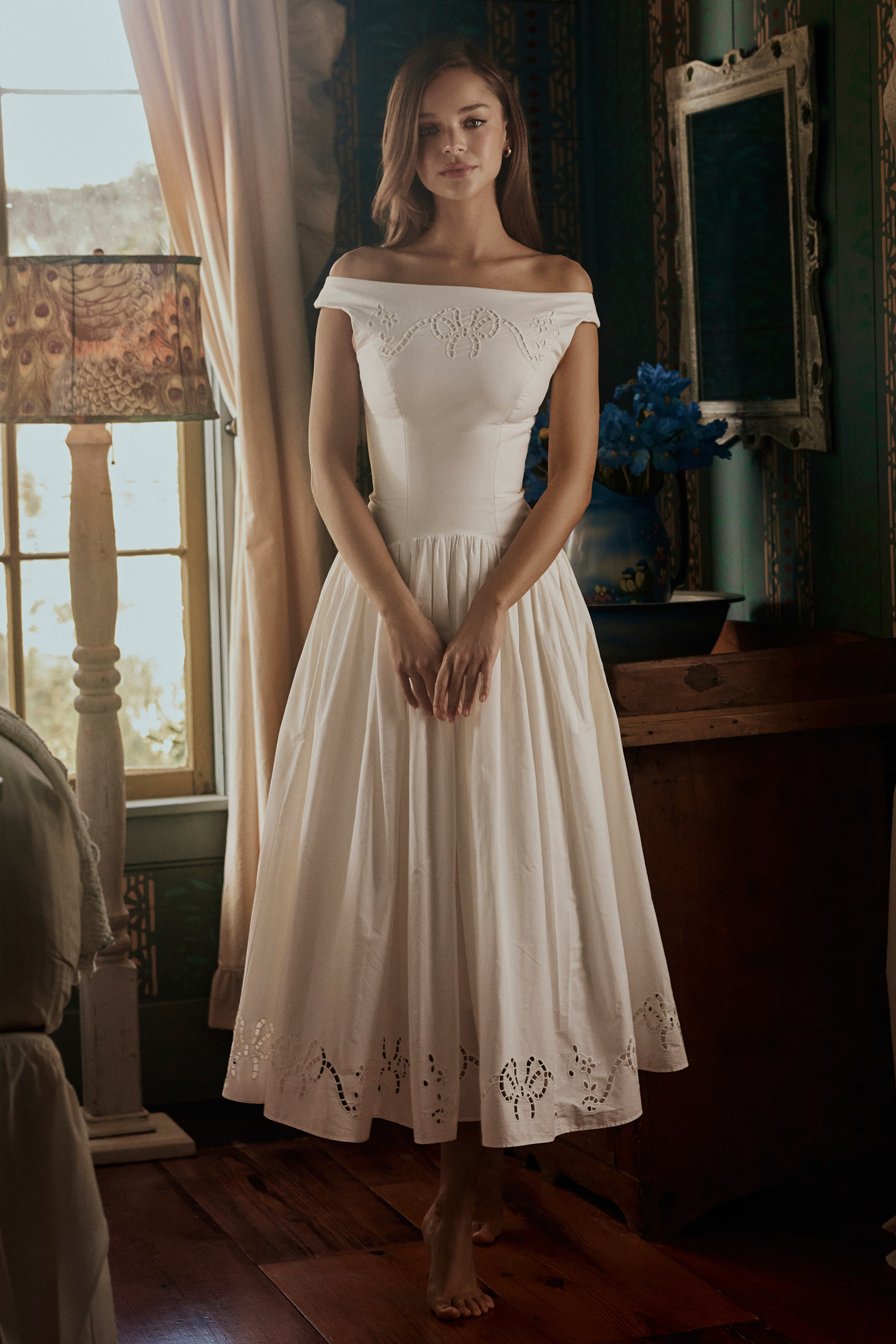 Elizabeth Off-Shoulder Lace Hollow-Out Midi Dress