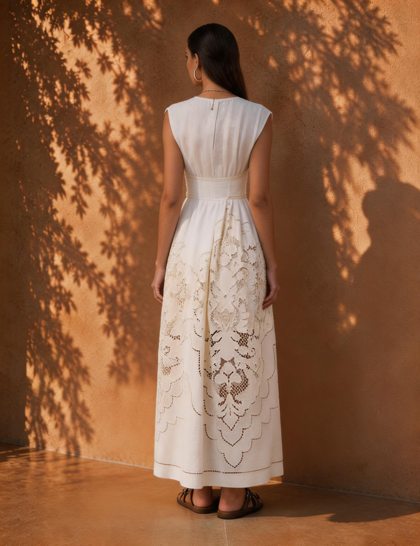 Matilda Round Neck Lace H ollow-Out Maxi Dress In White
