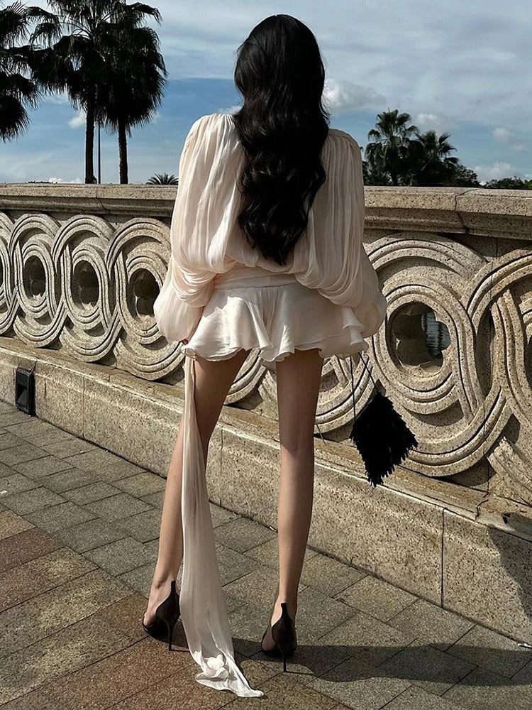 Beige - Sally Lace Up Lantern Sleeves Chiffon Dress
