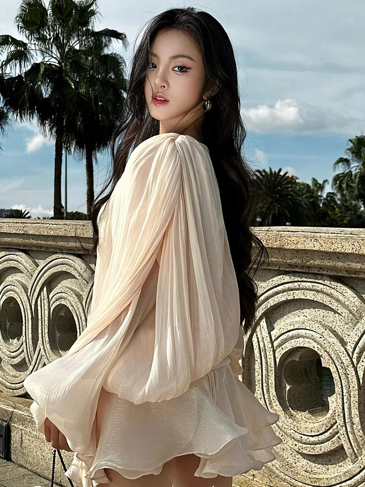 Beige - Sally Lace Up Lantern Sleeves Chiffon Dress