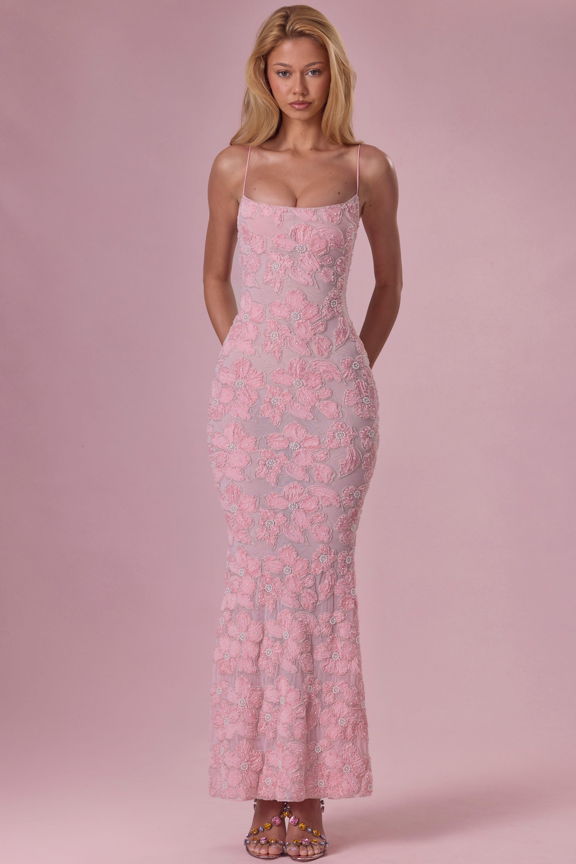 Embellished Square Neck Maxi Dress in Sky