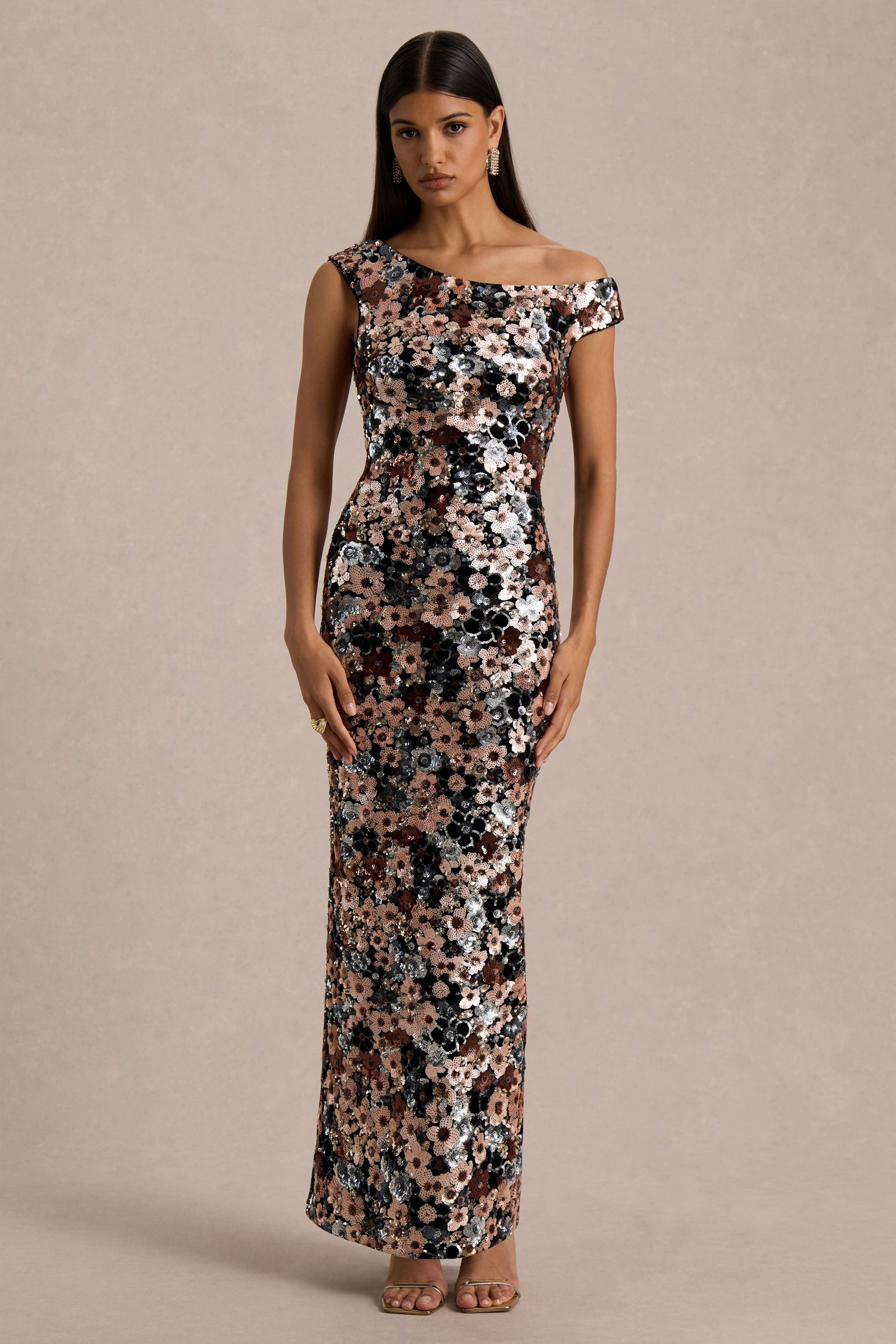 Electric | Black Sequin Floral Velvet Asymmetric-Neck Maxi Dress