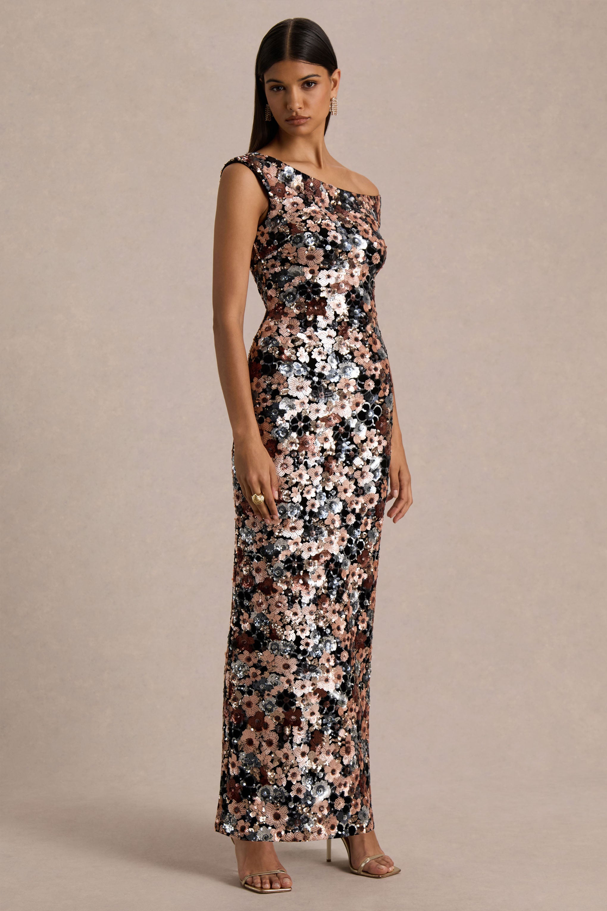Electric | Black Sequin Floral Velvet Asymmetric-Neck Maxi Dress