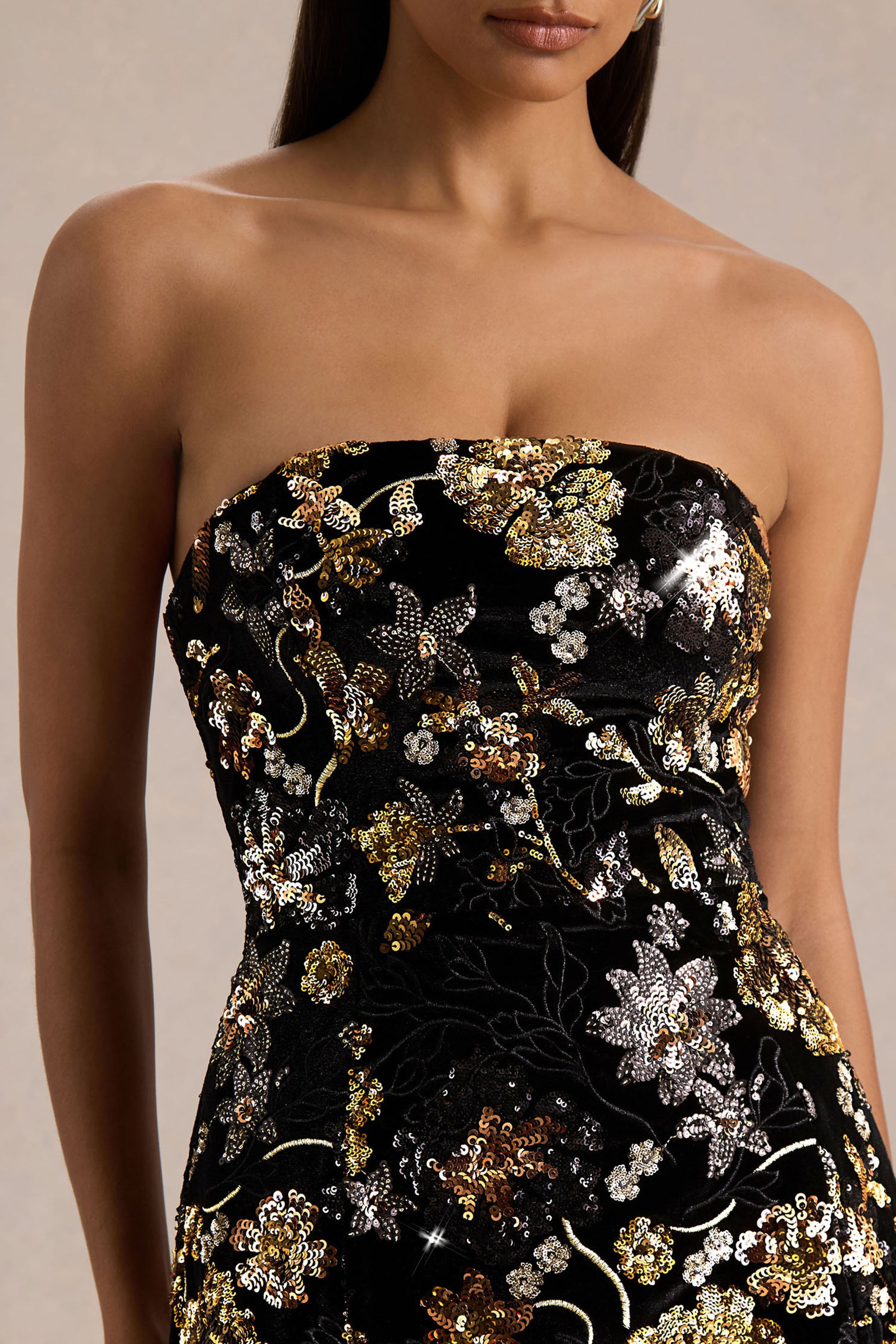Valeri | Black Velvet Bandeau Mini Dress With Bronze Floral Sequin