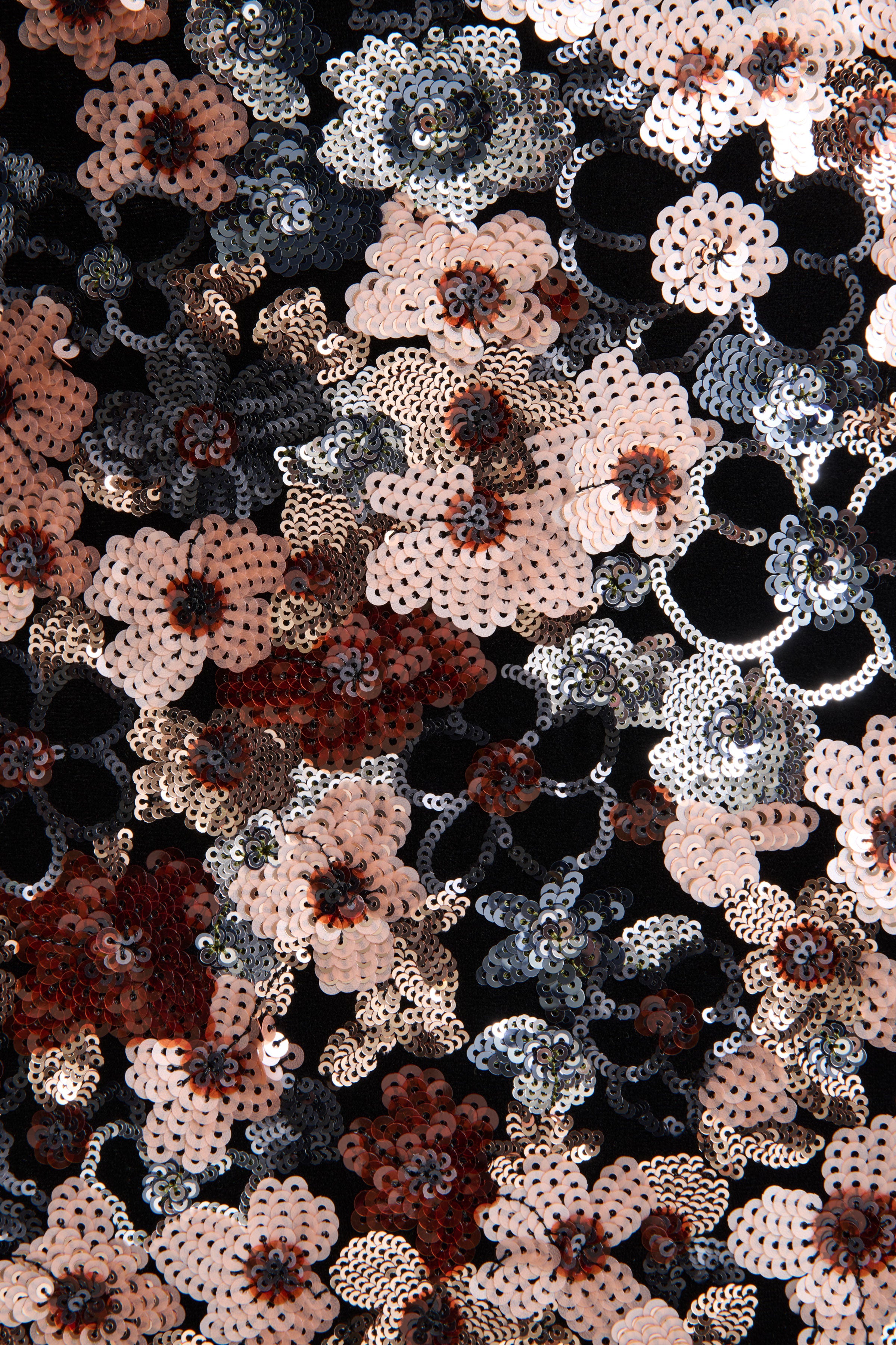Electric | Black Sequin Floral Velvet Asymmetric-Neck Maxi Dress