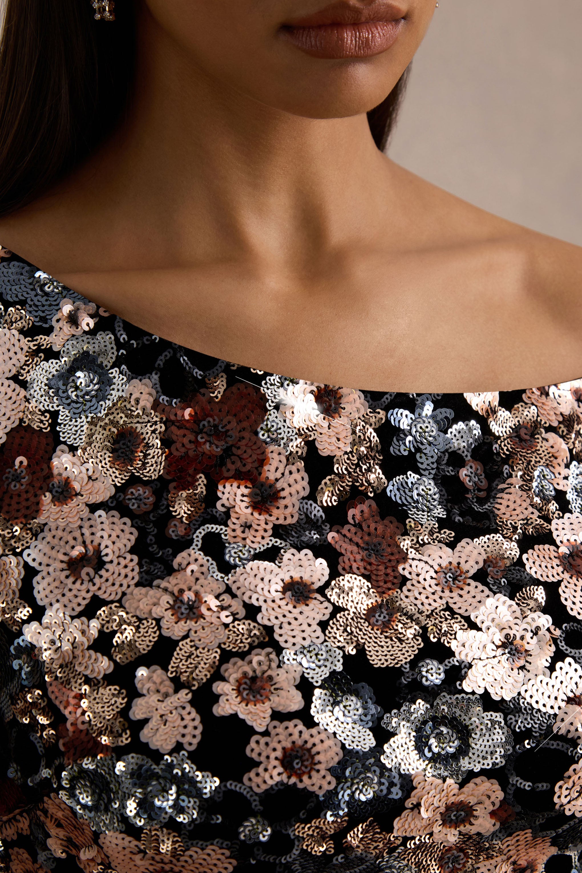 Electric | Black Sequin Floral Velvet Asymmetric-Neck Maxi Dress