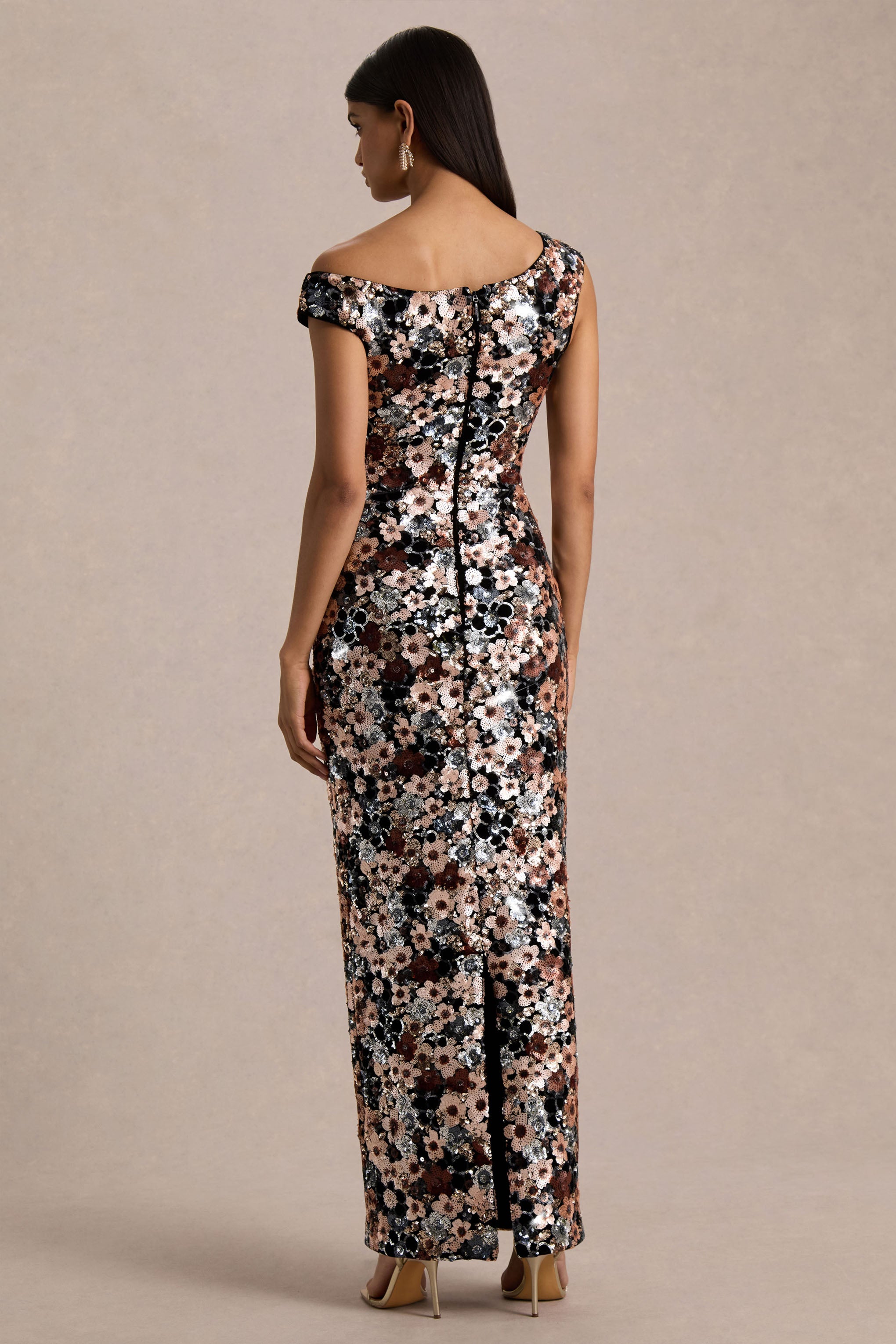 Electric | Black Sequin Floral Velvet Asymmetric-Neck Maxi Dress