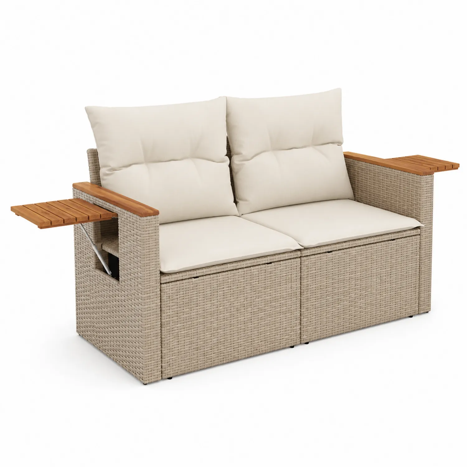 2-osobowa sofa z technorattanu z poduszkami i stolikami wysuwnymi, Beżowy/Brązowy