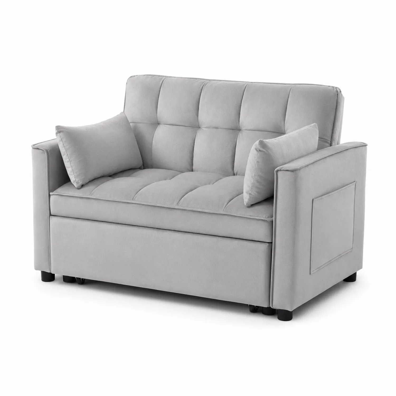 Szara sofa dwuosobowa z miejscem na przechowywanie