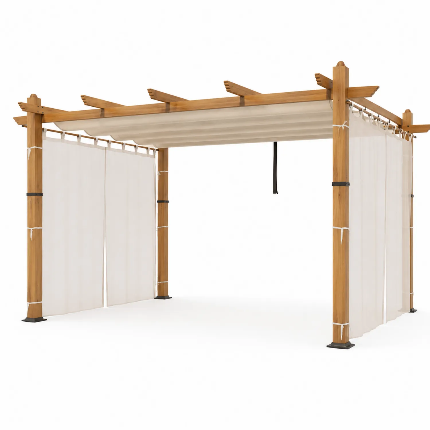 Drewniana pergola z beżowymi zasłonami 300x300x250cm