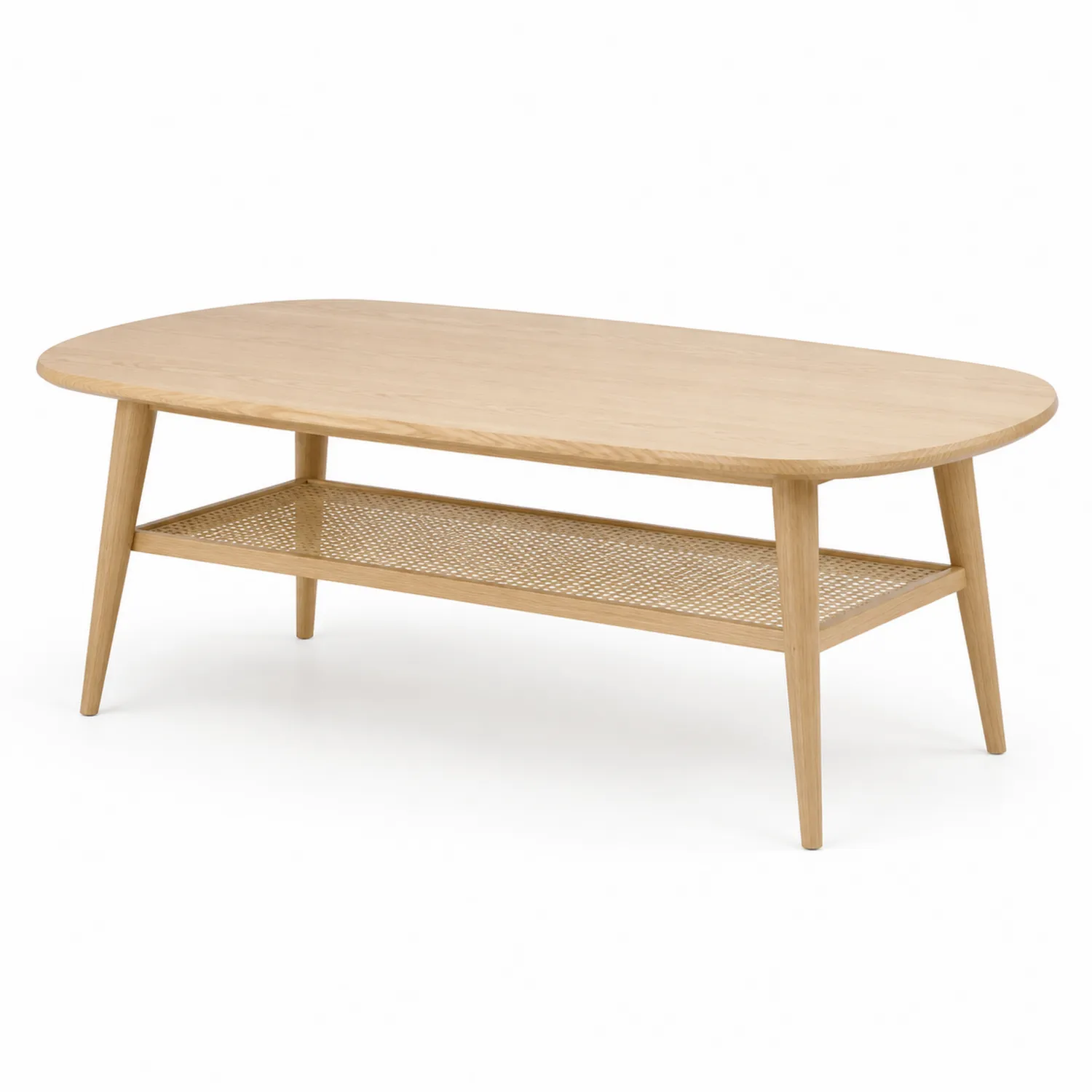 Stolik kawowy owalny 120x60 cm drewno dębowe i rattan