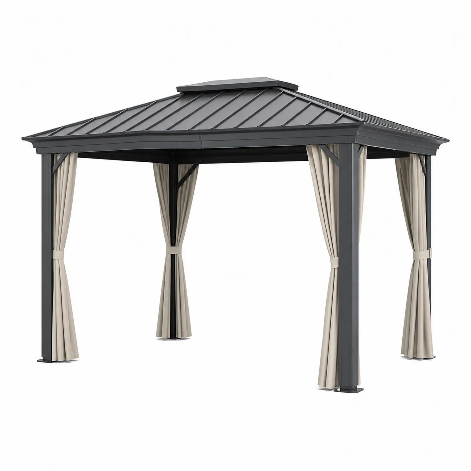 Altana metalowa ze stalowym dachem 300x400 cm z beżowymi zasłonami