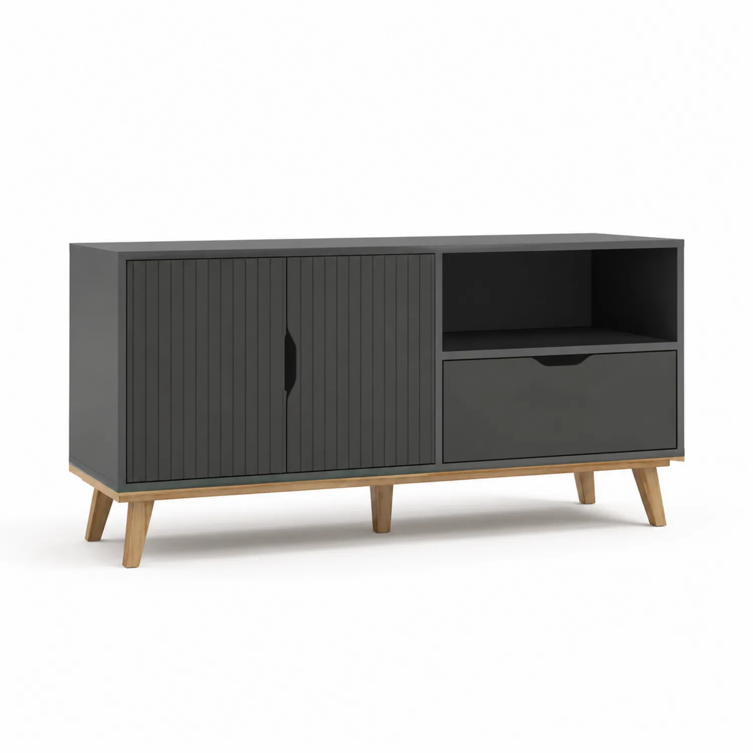 Szafka RTV z dwoma drzwiami i szufladą, 120 cm, drewno i płyta laminowana, Ciemnoszary/Dąb