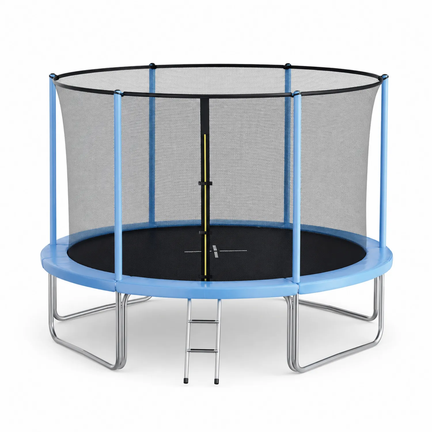 Trampolina ogrodowa okrągła 305 cm stalowa z niebieskim poszyciem i siatką ochronną