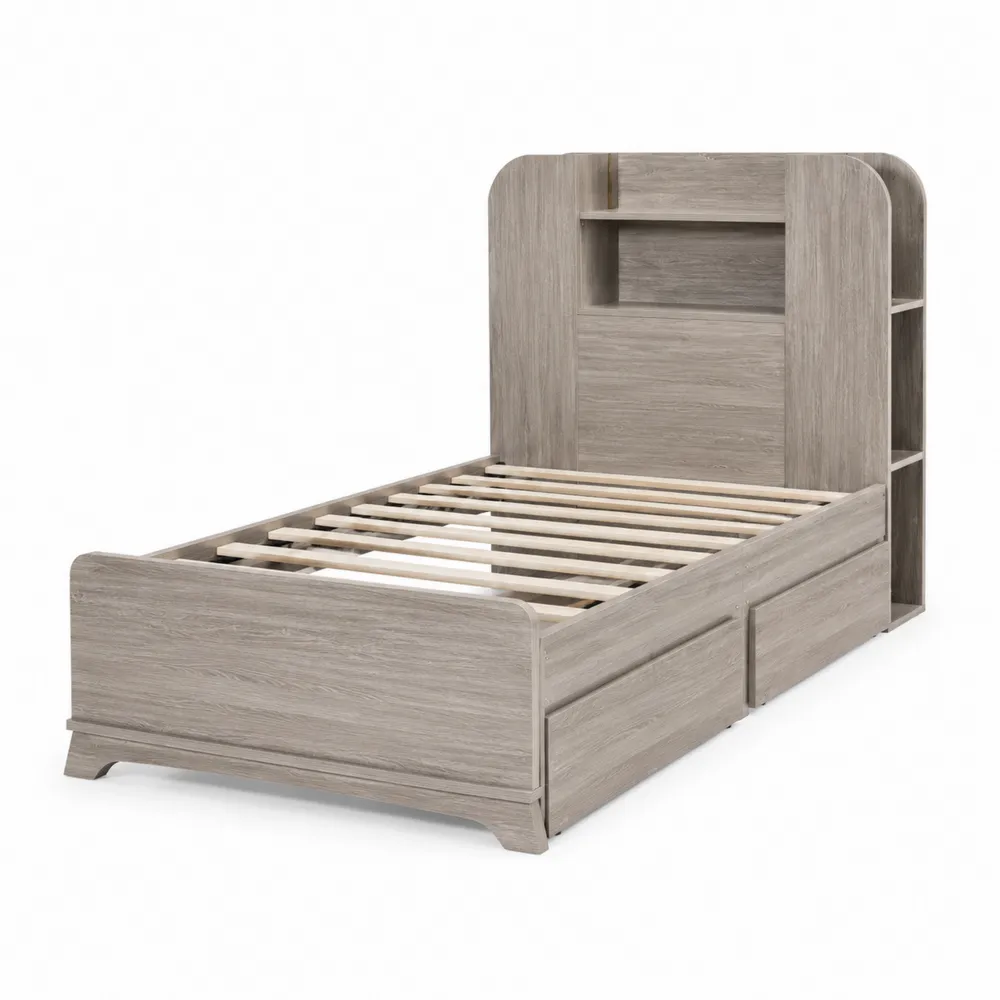 Lit simple en bois MDF avec étagère et tiroirs gris-Solvatrinela