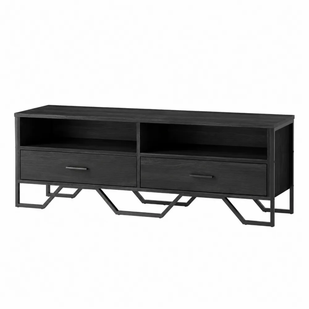 Meuble TV en bois noir avec pieds en métal et rangement à deux tiroirs-Solvatrinela