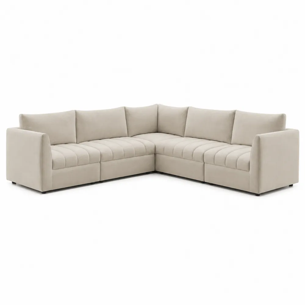 Canapé d'angle modulable 5 places en tissu polyester Beige-Solvatrinela