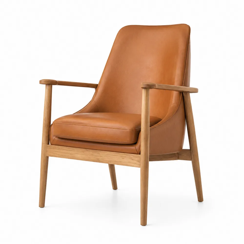 Fauteuil en cuir brun clair avec accoudoirs en bois de chêne-Solvatrinela
