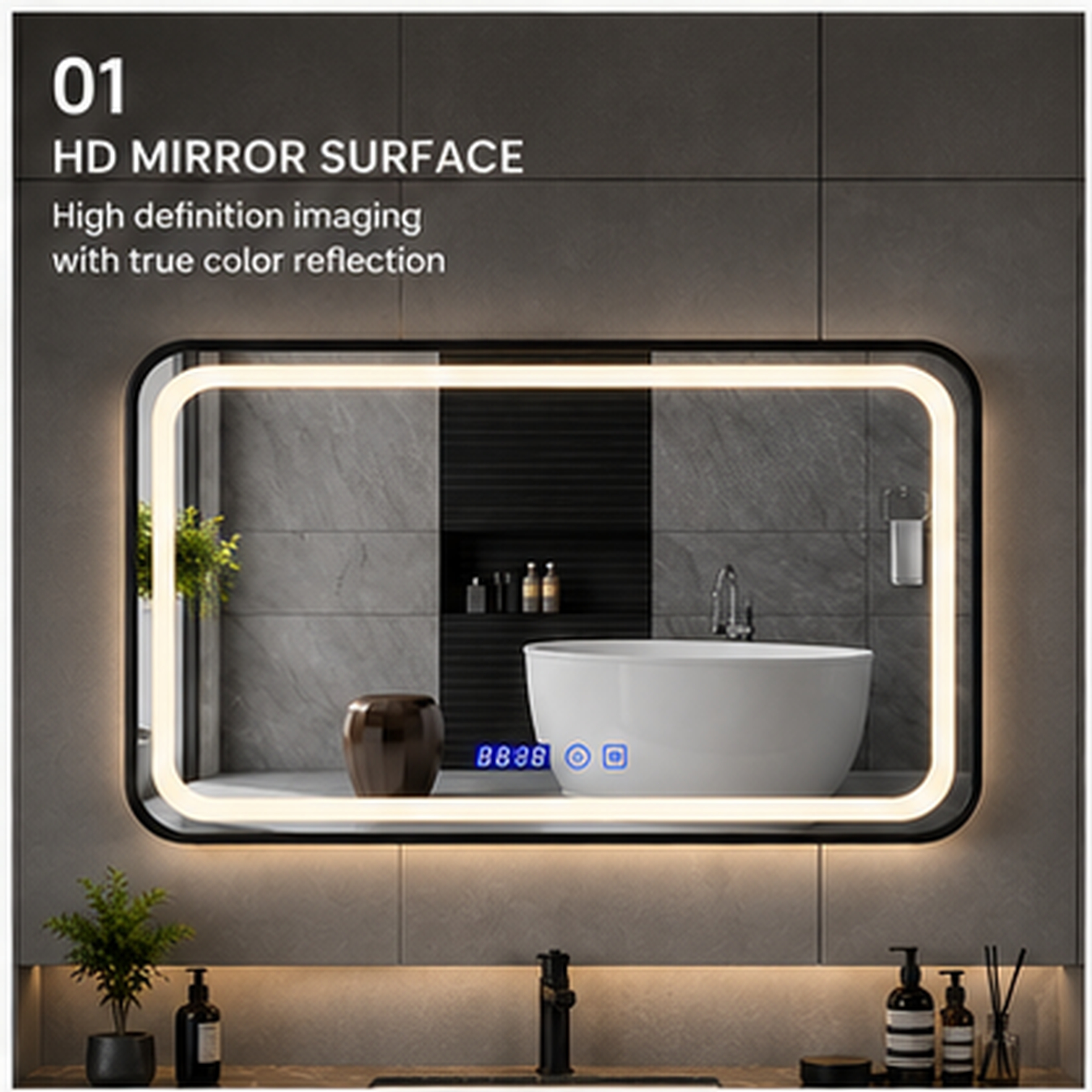 LEDSmartMirrorwith3ColorTouchscreenandBluetoothAntiFog