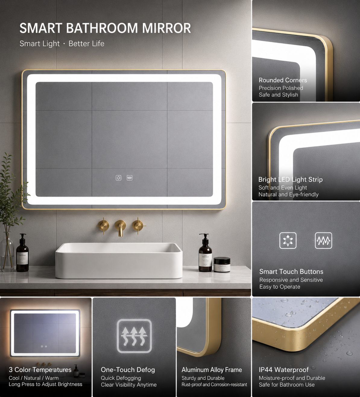 Smart bathroom mirror light with aluminum alloy frame and antifog feature