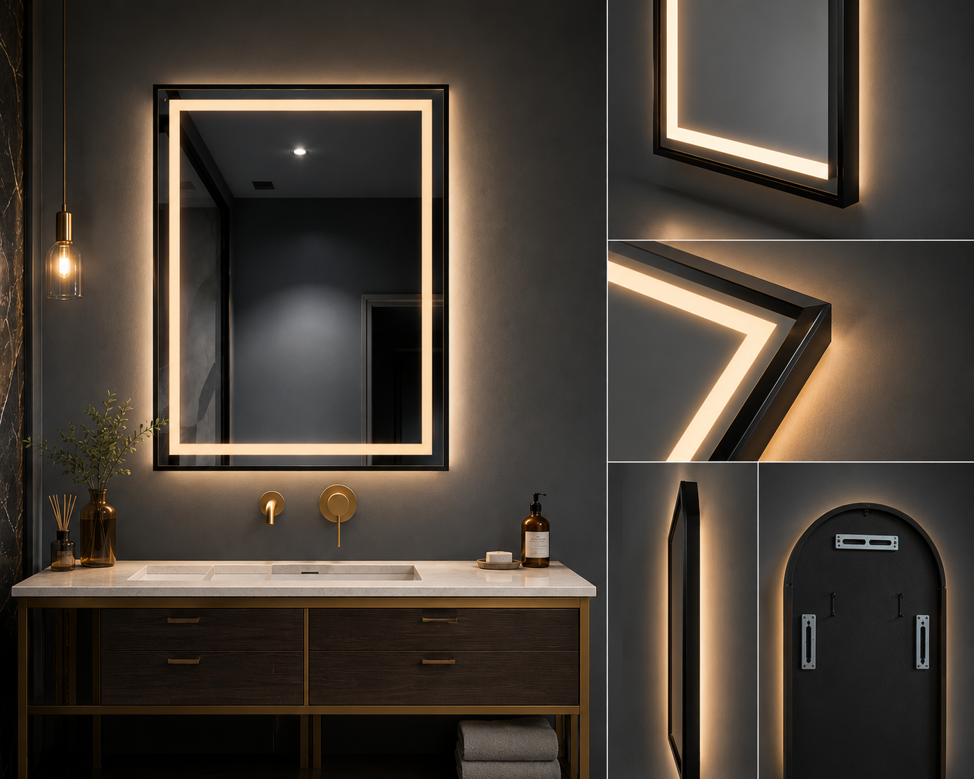 Bathroom Mirror with AluminumAlloy Frame3ColorTouchControlDefrost