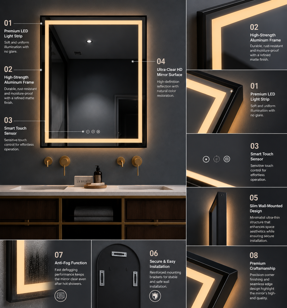 Bathroom Mirror with AluminumAlloy Frame3ColorTouchControlDefrost