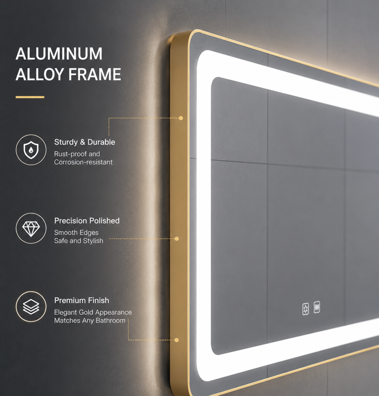 Smart bathroom mirror light with aluminum alloy frame and antifog feature