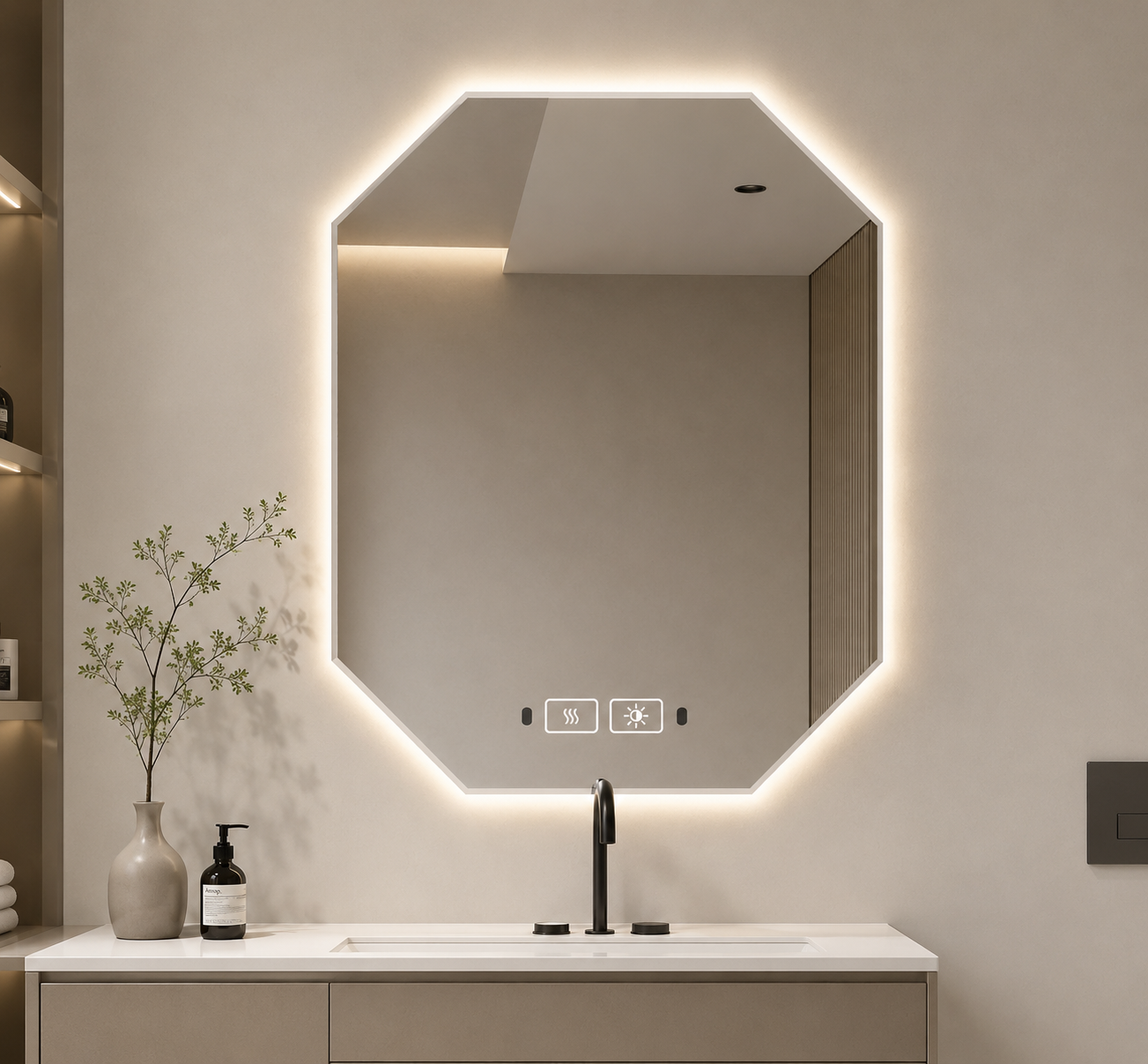 Handcrafted Custom Polygonal Smart Mirror with Bathroom Light