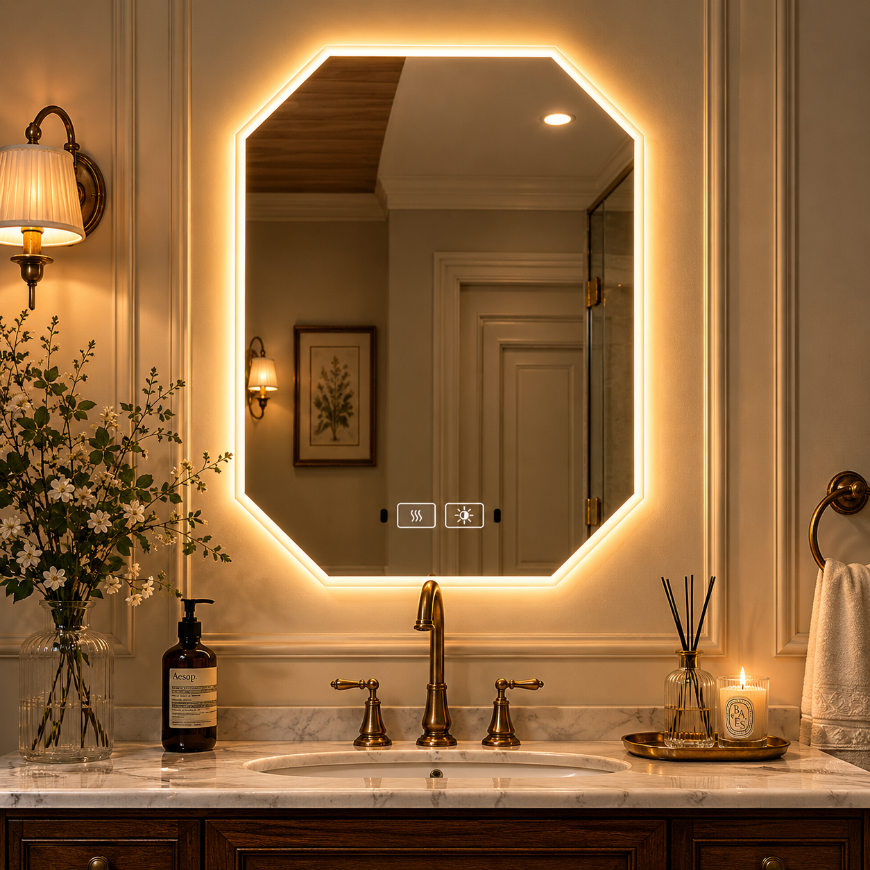 Handcrafted Custom Polygonal Smart Mirror with Bathroom Light