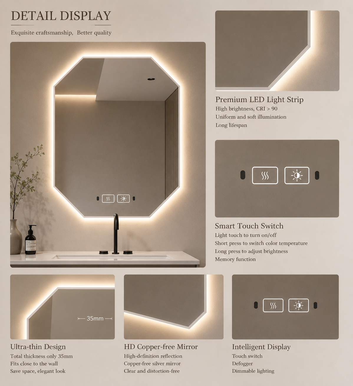 Handcrafted Custom Polygonal Smart Mirror with Bathroom Light