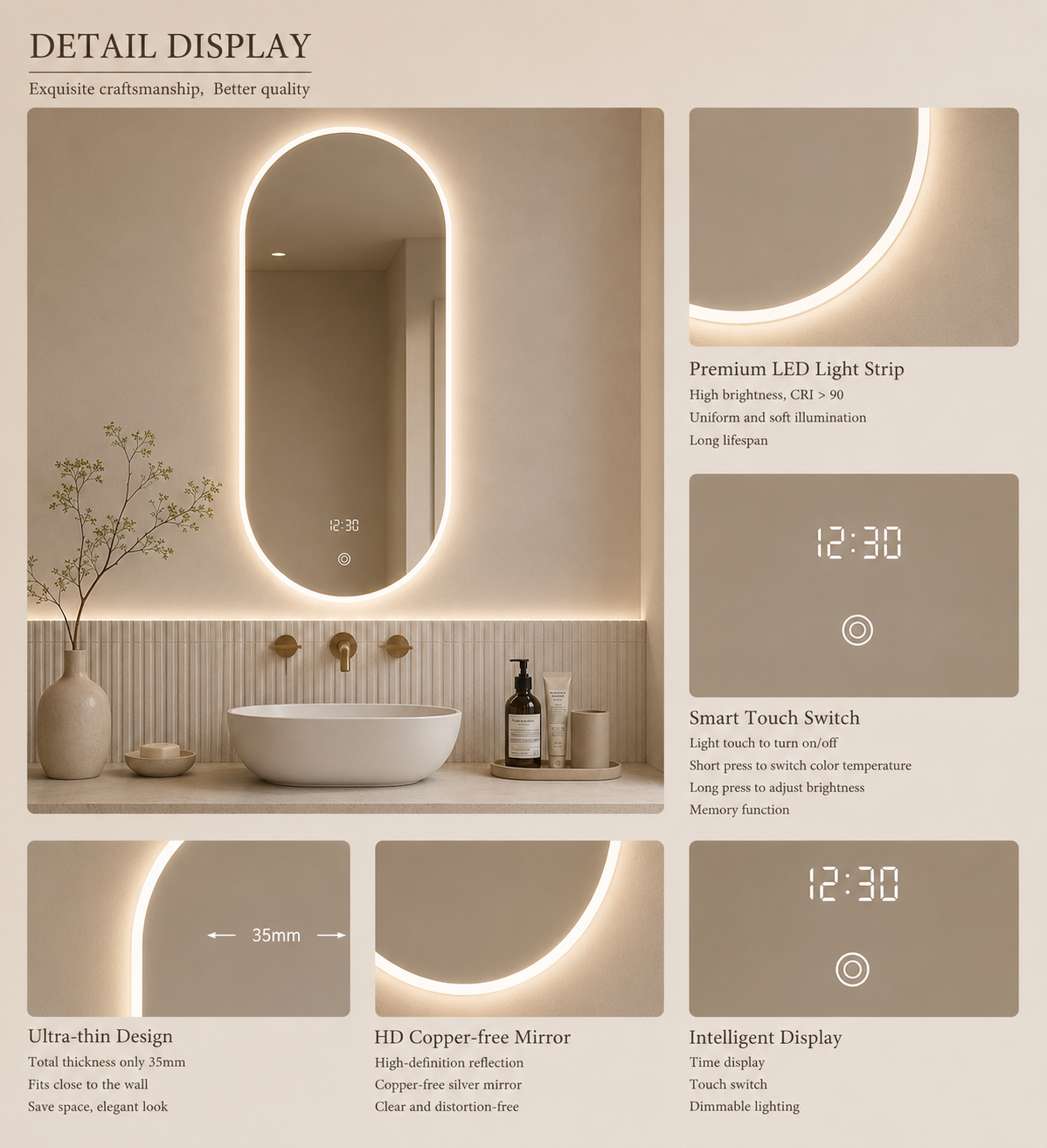 Smart mirror with bathroom lighting and a makeup mirror featuring three-color lighting