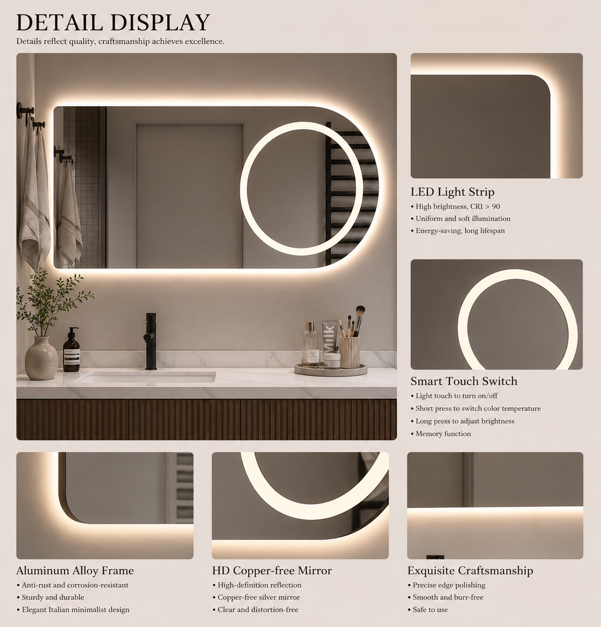 Multifunctional Smart Bathroom Mirror with Touch Sensors and Anti-Fog Feature
