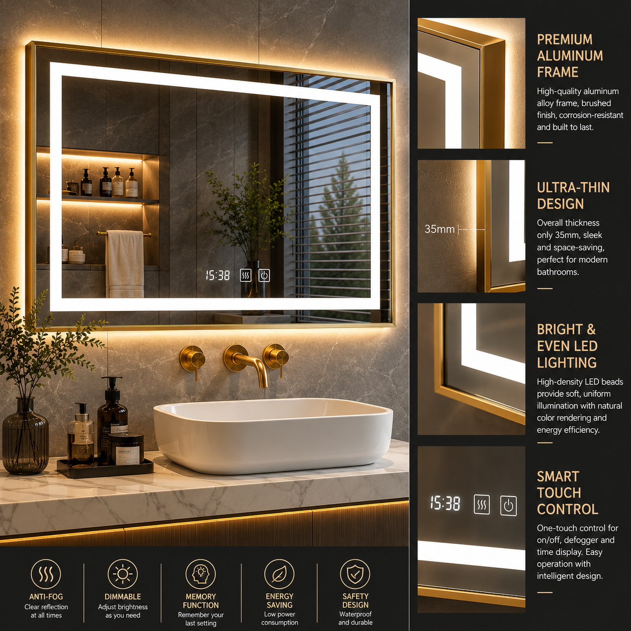 Custom LED Smart Bathroom Mirror with RightAngle Frame