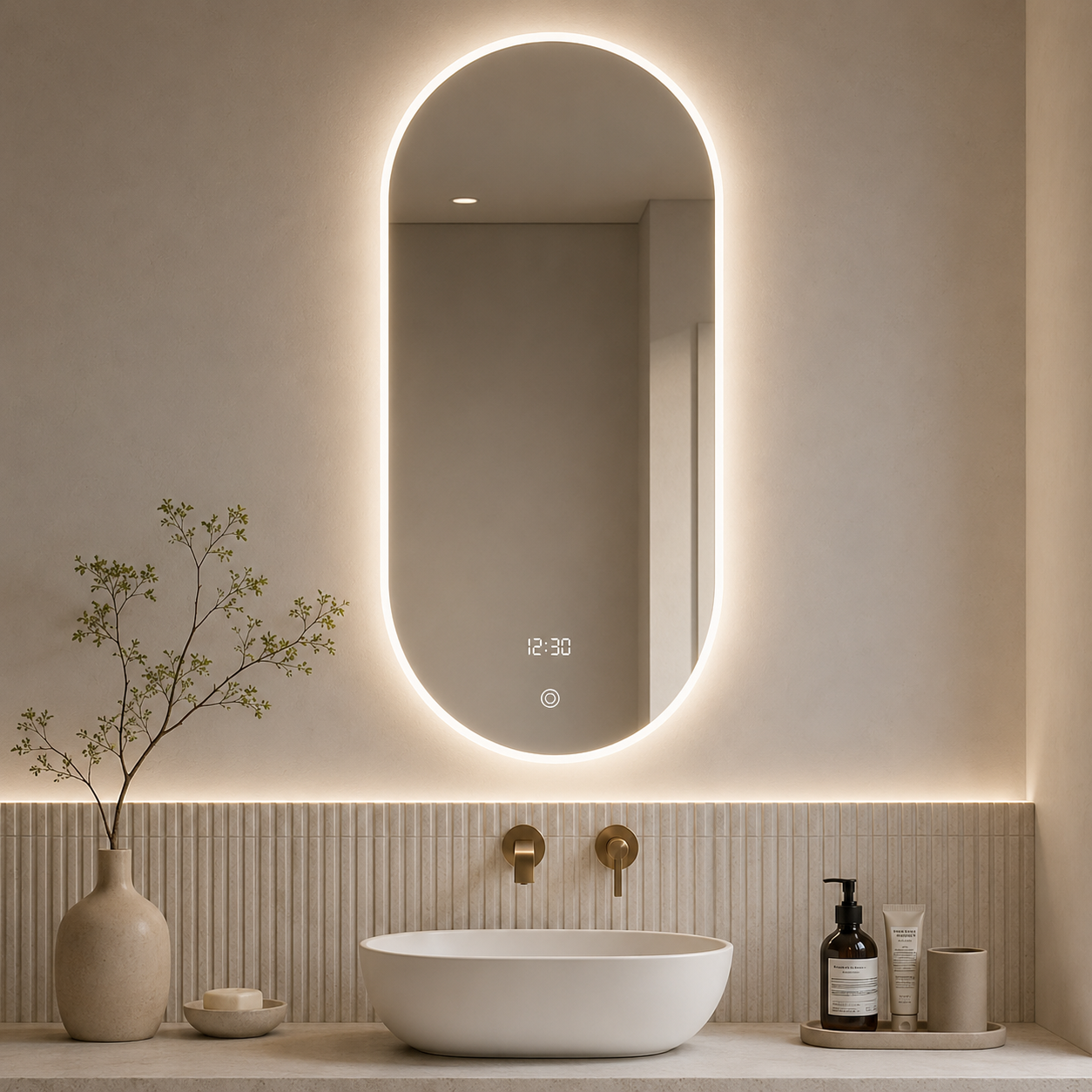 Smart mirror with bathroom lighting and a makeup mirror featuring three-color lighting