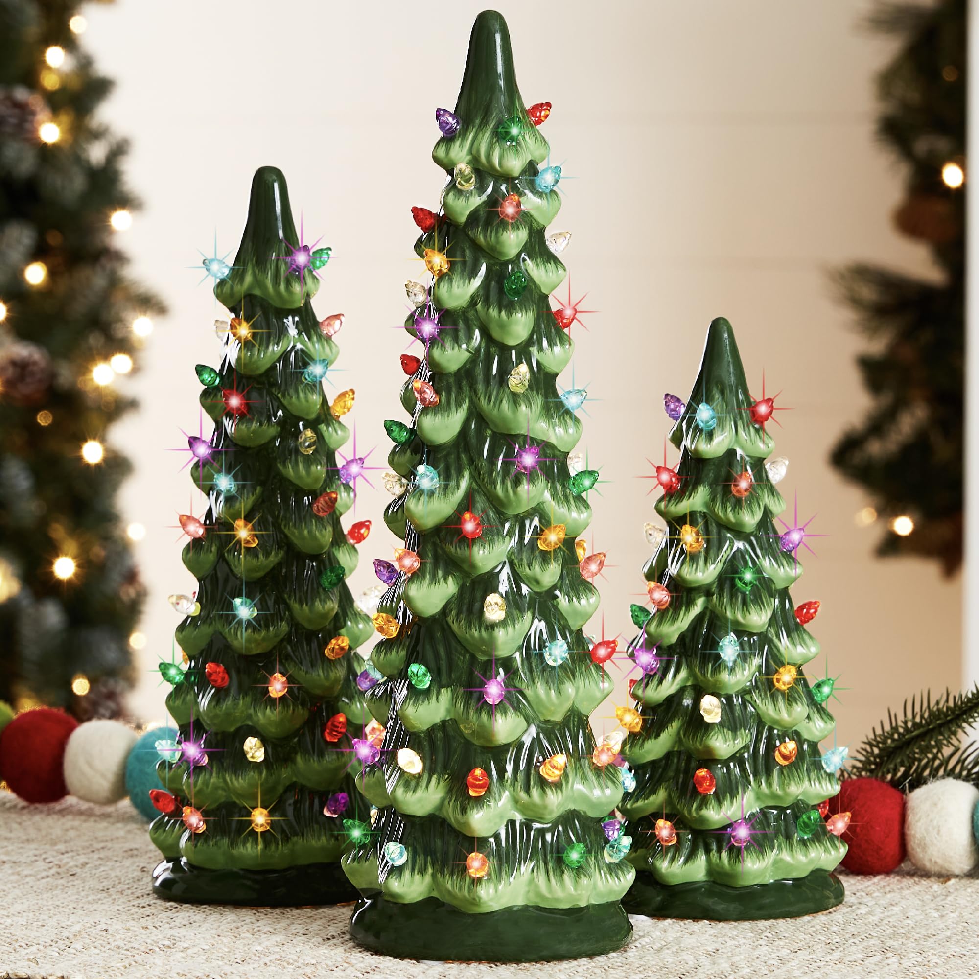 Three-piece ceramic Christmas tree set, pre-installed lights, hand-painted desktop holiday decorations, with multi-colored bulbs and LED lights – green.