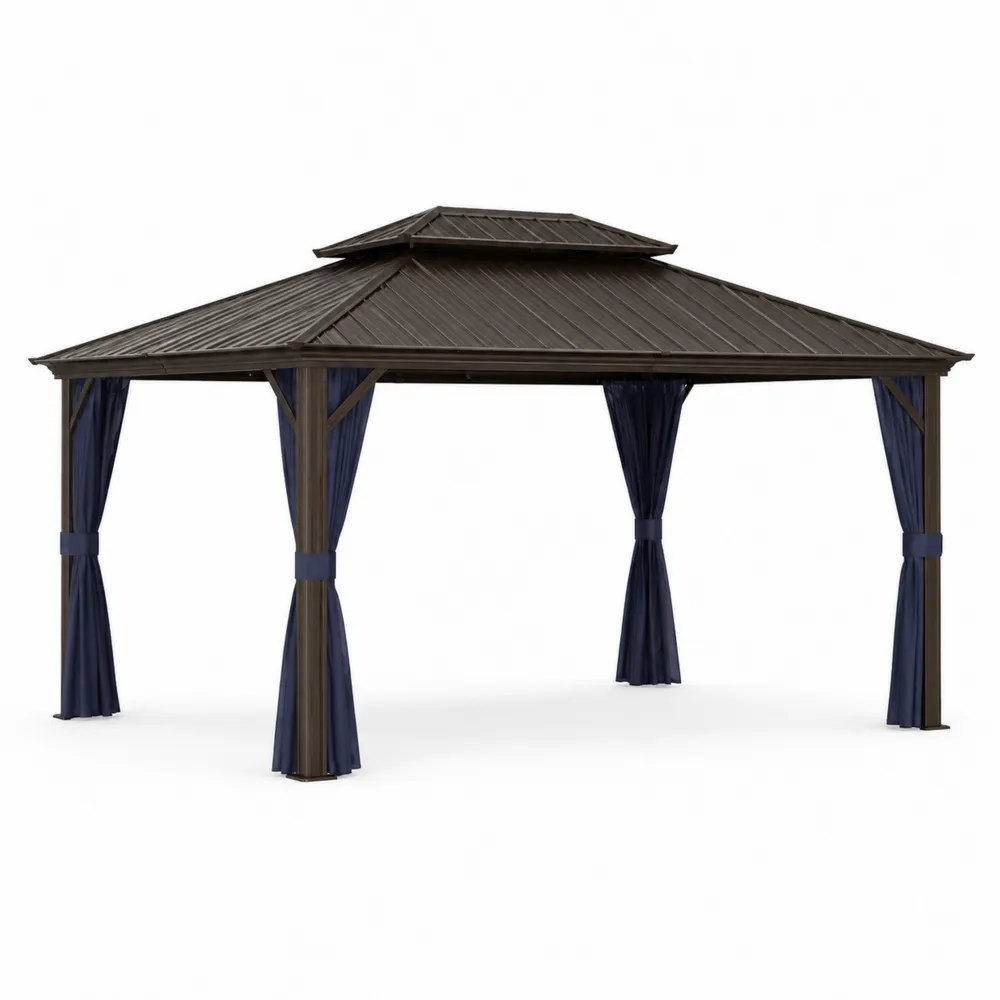 Pabellón de Jardín de Aluminio con Techo de Acero y Cortinas de Poliéster Azul