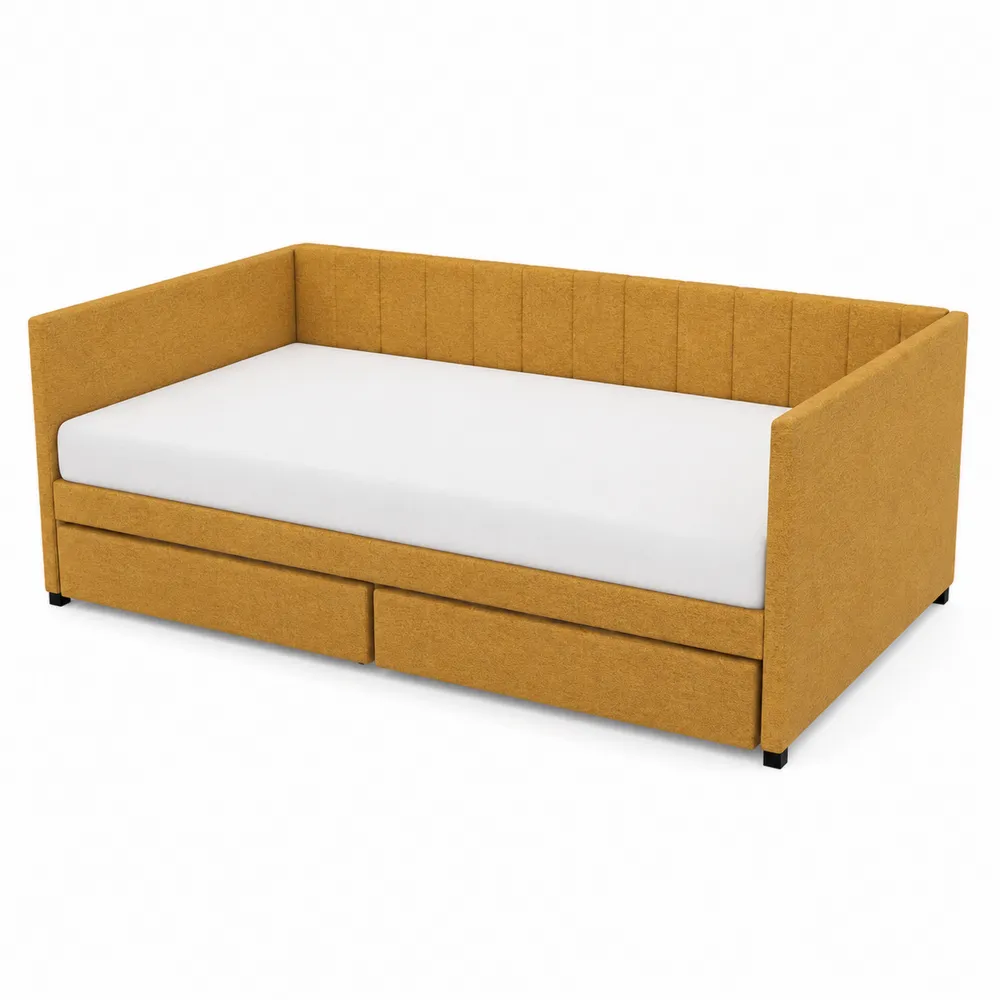 Sofá cama con cajones de madera y poliéster mostaza 200x90x80 cm