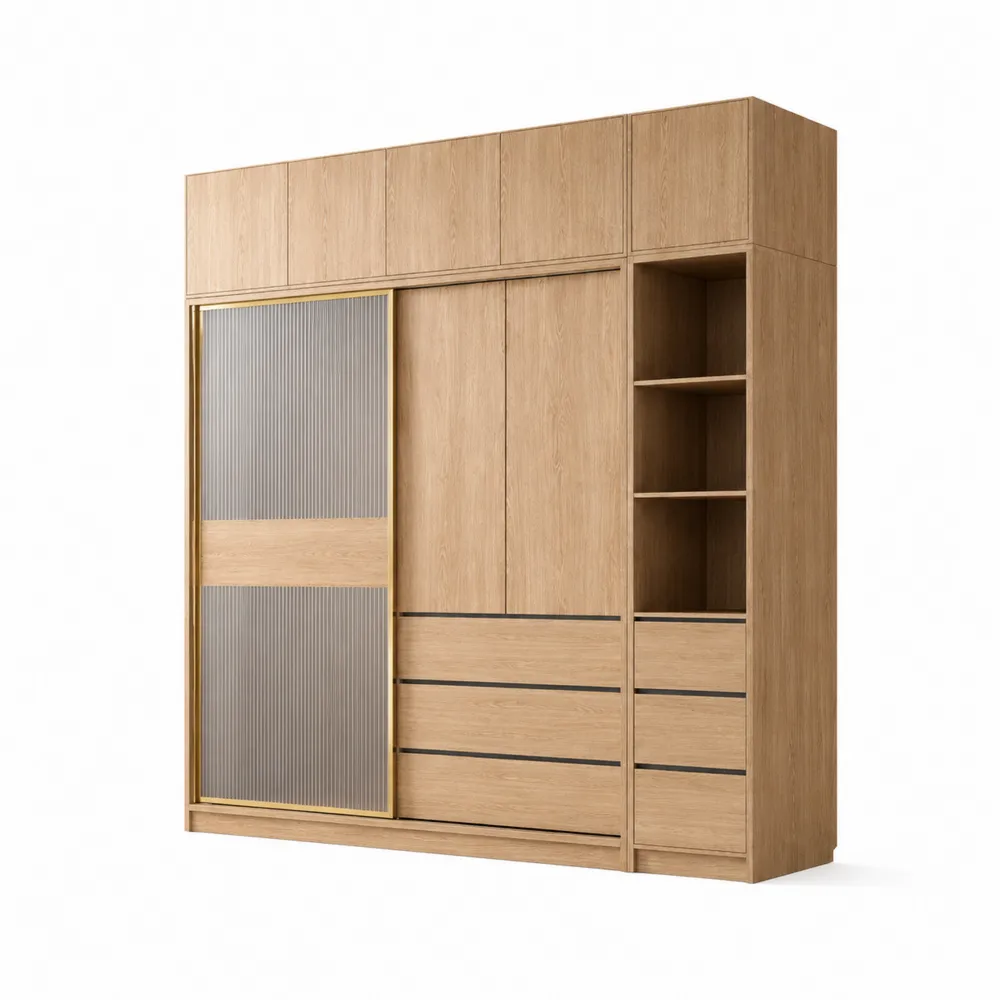 Armario de Madera con Puertas Correderas y Cajones, Roble