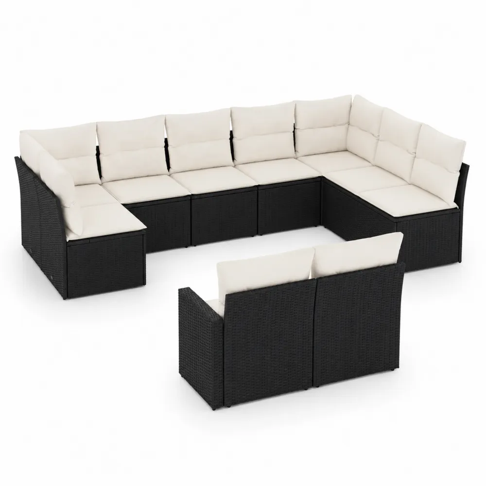 Conjunto de sofás modulares de ratán sintético negro con cojines de poliéster crema