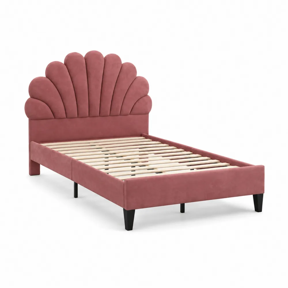 Cama Individual de Madera y Terciopelo Rosa 90x200 cm